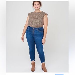 LOFT Plus High Rise Button Front Chewed Hem Skinny Jeans Authentic Indigo Wash